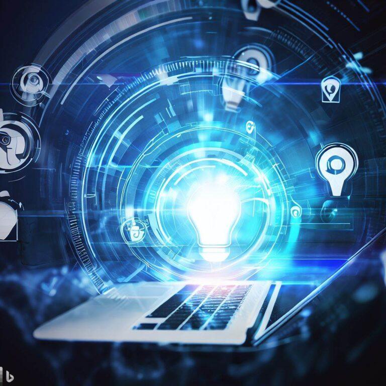 laptop in sci-fi style, and light bulb for style, showcase digital marketing