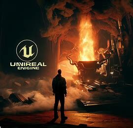 unreal game engine logo and man who is watching red flame fire