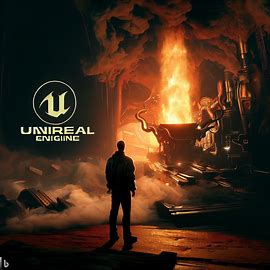unreal game engine logo and man who is watching red flame fire
