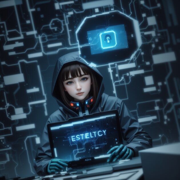 a girl is working on a laptop with sci-fi look
