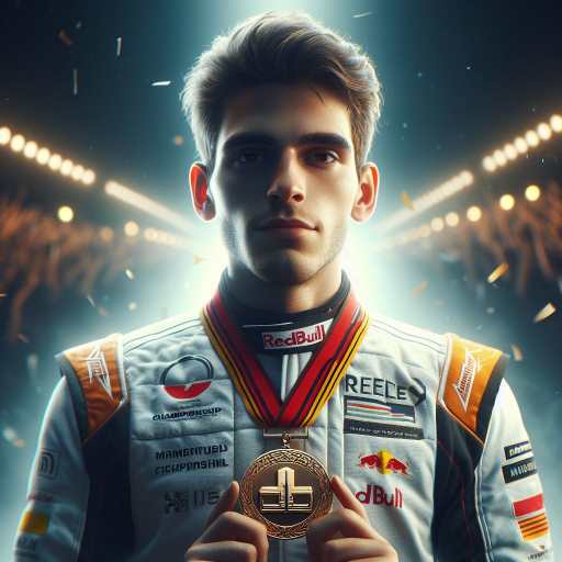 formula, racer, stand, with, medal 