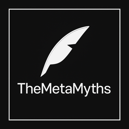 A minimalist black-and-white logo for "TheMetaMyths" featuring a stylized white quill feather centered above the brand name in clean, modern font. The entire design is enclosed within a slim white square border on a black background, conveying a sense of elegance and trust