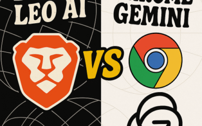 Split-screen thumbnail showing Brave Leo AI vs Chrome Gemini, with a black and white background, globe line patterns, funky fonts, and logos of a lion and Chrome-Gemini facing off.
