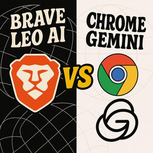 Split-screen thumbnail showing Brave Leo AI vs Chrome Gemini, with a black and white background, globe line patterns, funky fonts, and logos of a lion and Chrome-Gemini facing off.