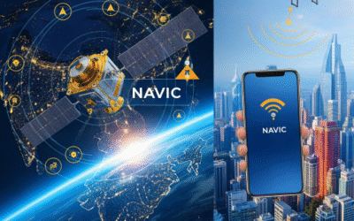 satellite and Outerspace with navic text on satellite and phone where person using navic app