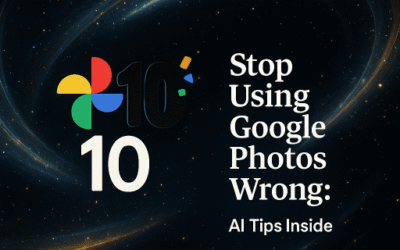 Promotional image celebrating 10 years of Google Photos, featuring the Google Photos logo beside a large number 10 on a starry, magical background. The text reads: 'Stop Using Google Photos Wrong: AI Tips Inside'
