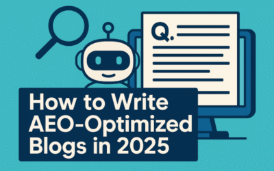 AI bot with search icon and question page background is sea blue and "How to write AEO optimized blog in 2025" written on image
