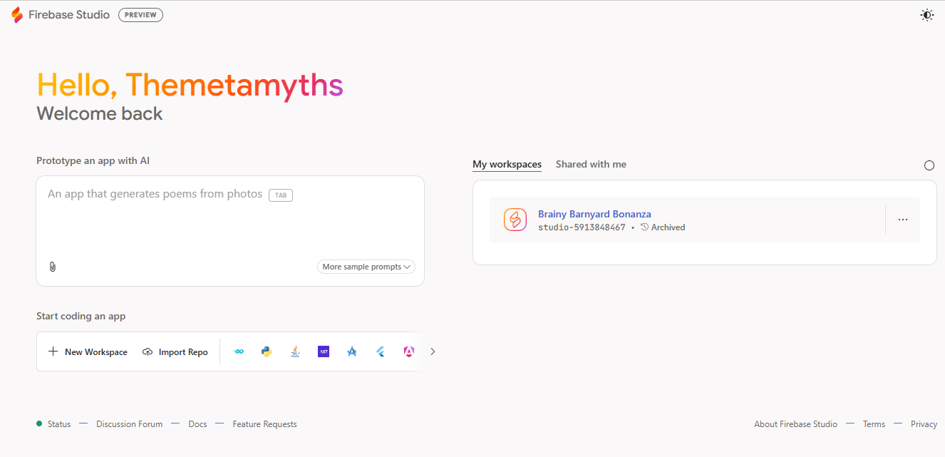 firebase Studio Interface for themetamyths tech website