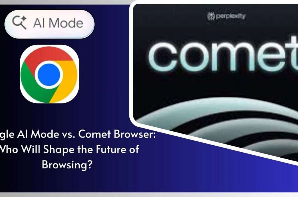 chrome log with ai mode logo. And right-side comet browser logo. google ai mode vs comet written on image. And dark blue color background
