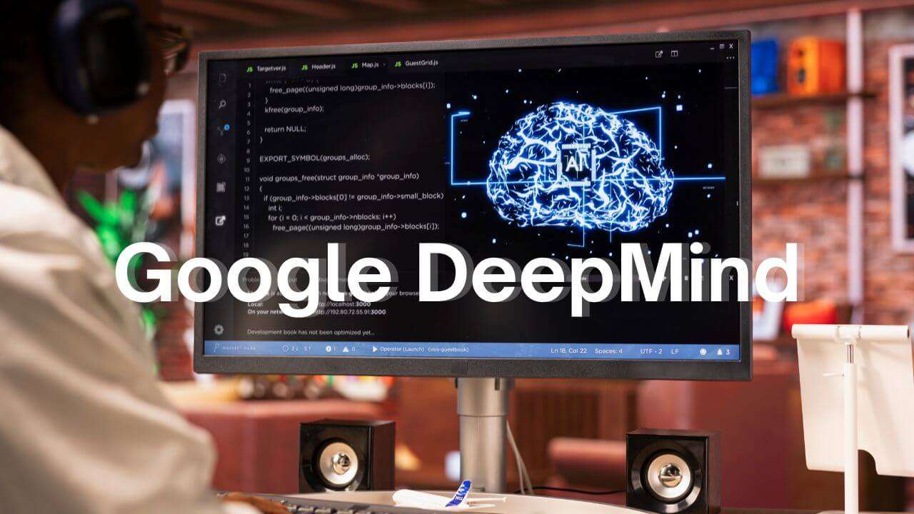 man with computer monitor. On screen brain structure image shows and on image google DeepMind is written