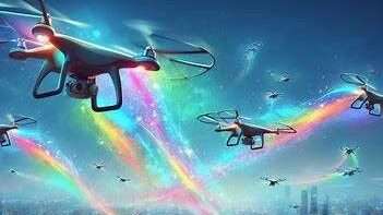 drone flying in sky and spreading rainbow