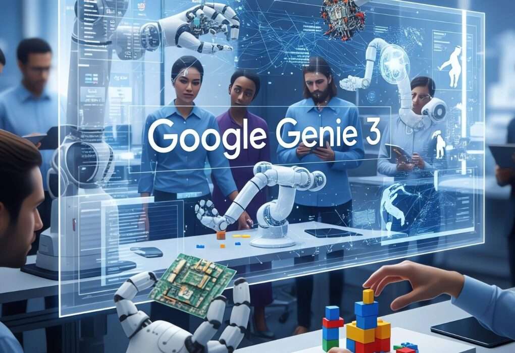 Google Genie written on big transparent screen. And some researcher outside. With robot machinery