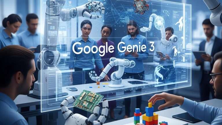 Google Genie written on big transparent screen. And some researcher outside. With robot machinery