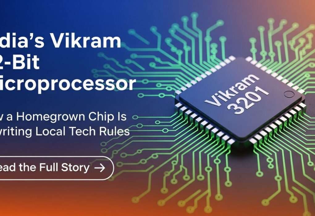 Indian's Vikram 32-bit microprocessor poster. with chip image. Blue and green and chocolate brown color