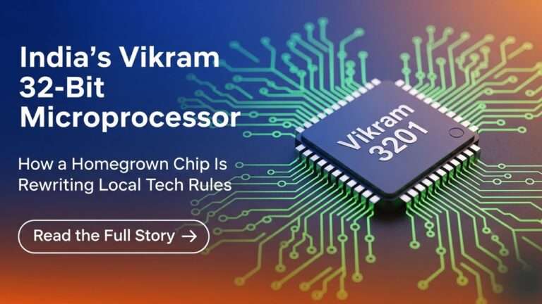 Indian's Vikram 32-bit microprocessor poster. with chip image. Blue and green and chocolate brown color
