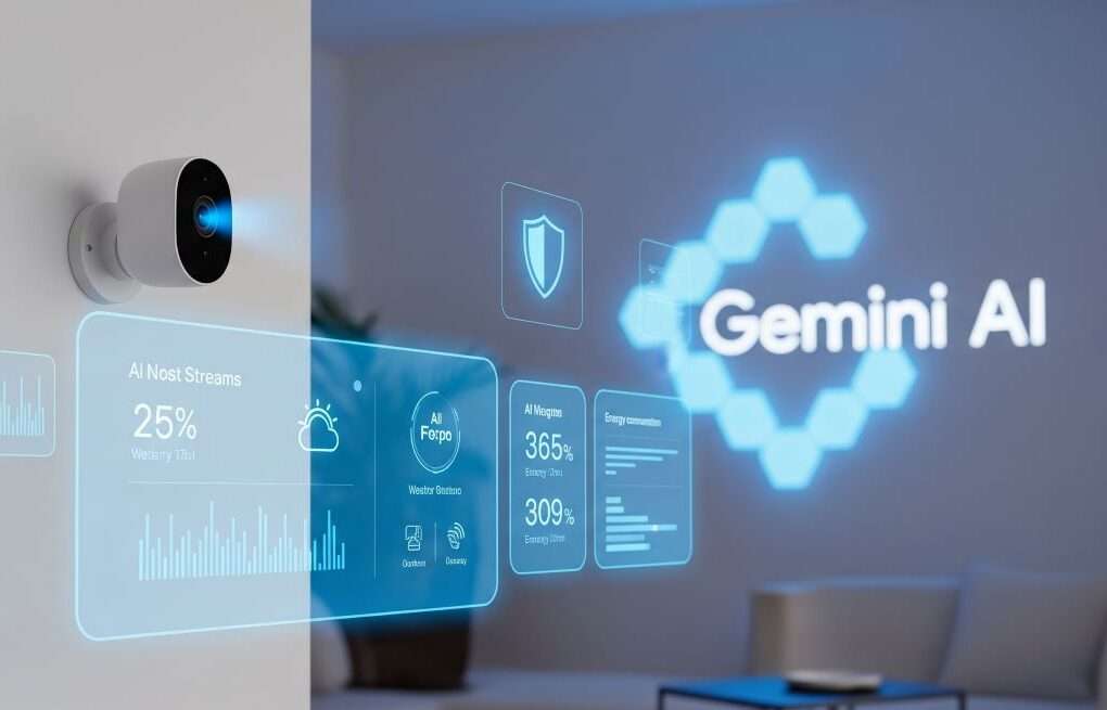 An image of a sleek, modern living room with a white Nest Cam 2025 mounted on the wall. Futuristic blue holographic interfaces float in the air, one displaying a security shield icon and another a Gemini AI logo design. The room has a minimal aesthetic with white and silver tones and is illuminated by soft blue light, emphasizing a high-tech smart home.