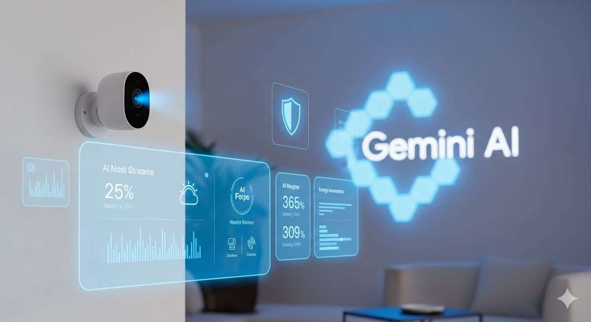 An image of a sleek, modern living room with a white Nest Cam 2025 mounted on the wall. Futuristic blue holographic interfaces float in the air, one displaying a security shield icon and another a Gemini AI logo design. The room has a minimal aesthetic with white and silver tones and is illuminated by soft blue light, emphasizing a high-tech smart home.
