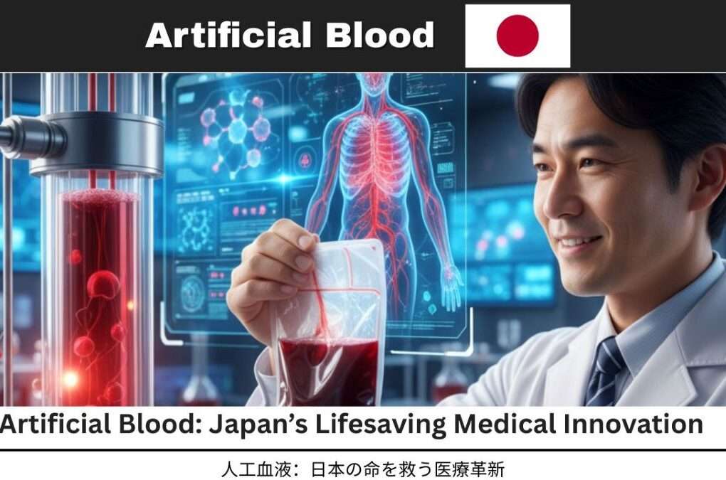 Artificial blood in hand of scientist from Japan in sci-fi style