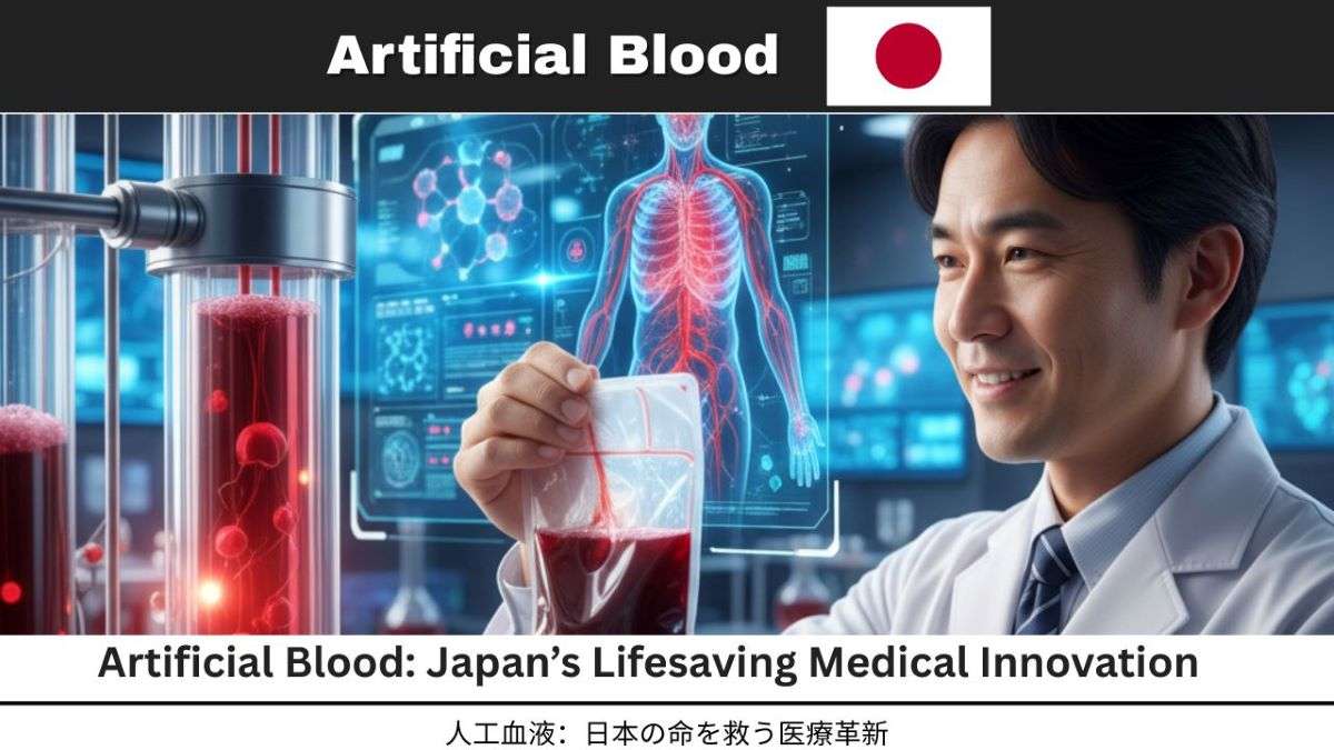 Artificial blood in hand of scientist from Japan in sci-fi style