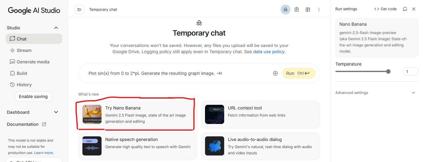 select nano banana option in google ai studio