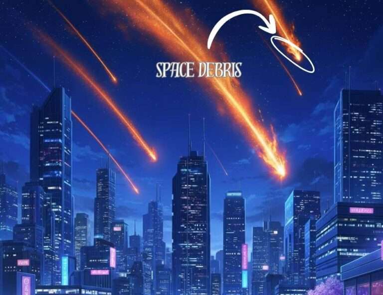 anime look landscape with space debris fall