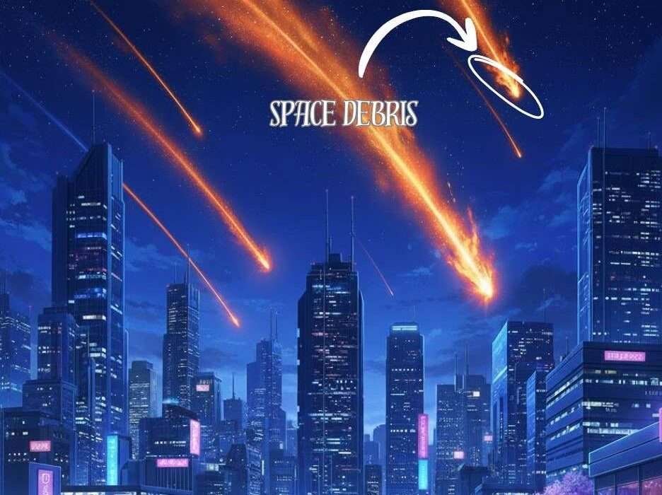 anime look landscape with space debris fall