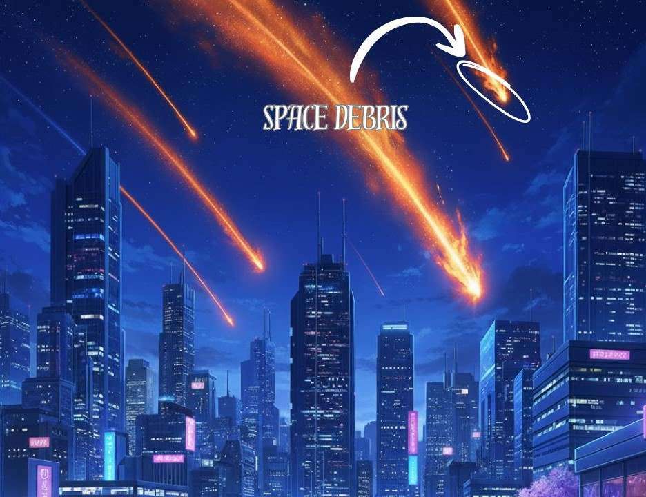 anime look landscape with space debris fall