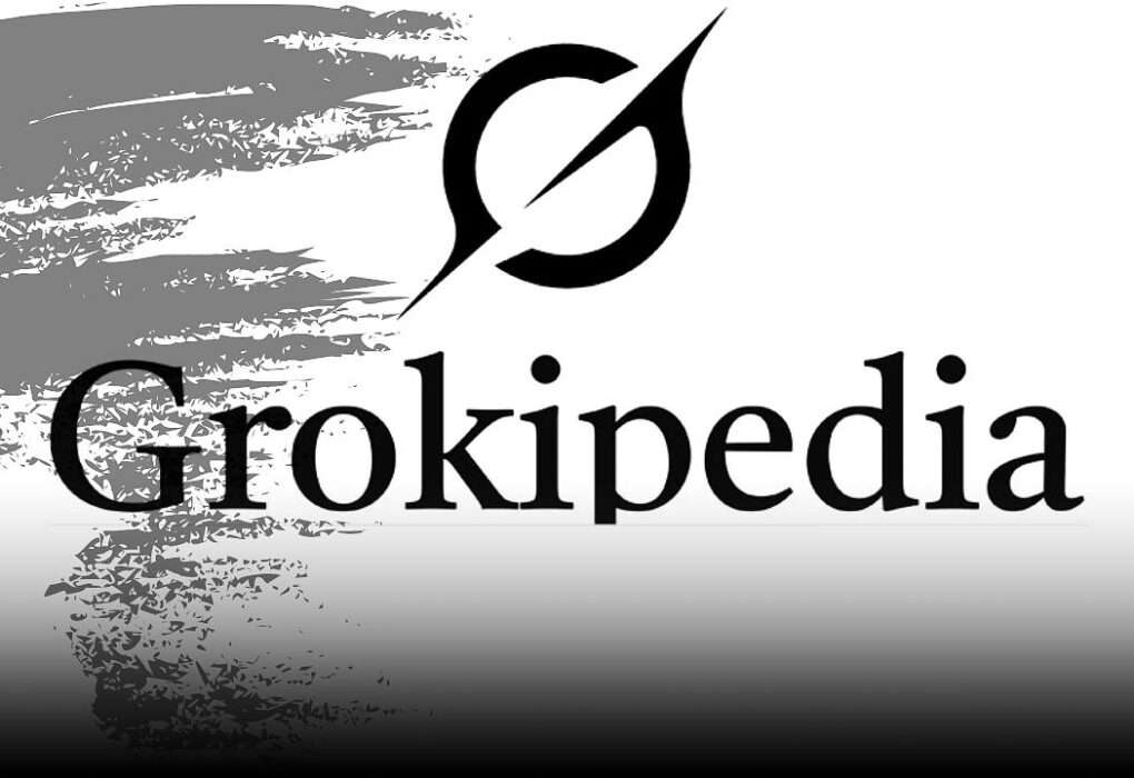 grokipedia encyclopedia black and white artwork with grok brand logo