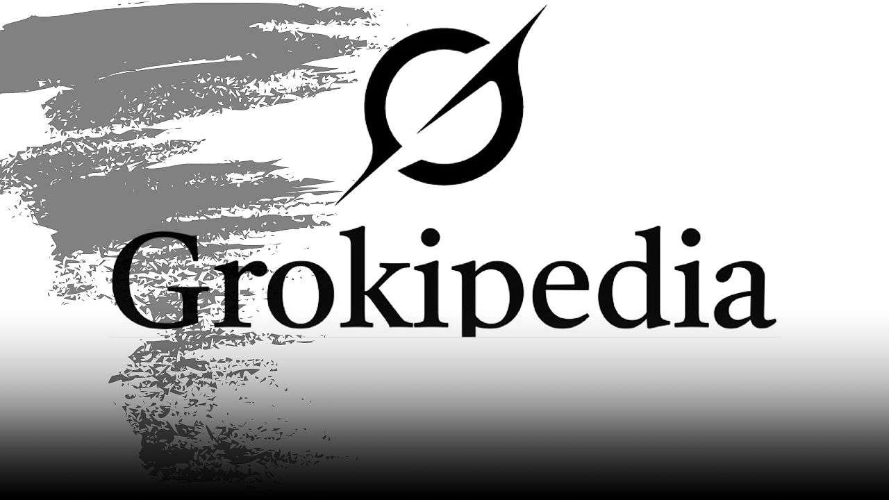 grokipedia encyclopedia black and white artwork with grok brand logo