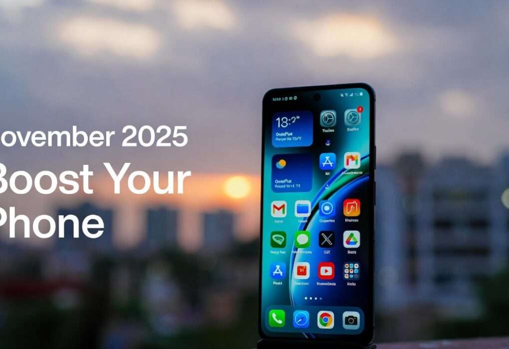 Sleek OnePlus 13s smartphone displaying OxygenOS 16 features on Android 16, against an Indian cityscape sunset, with "November 2025 Boost Your Phone" overlay