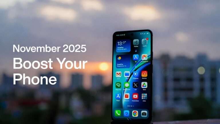 Sleek OnePlus 13s smartphone displaying OxygenOS 16 features on Android 16, against an Indian cityscape sunset, with "November 2025 Boost Your Phone" overlay