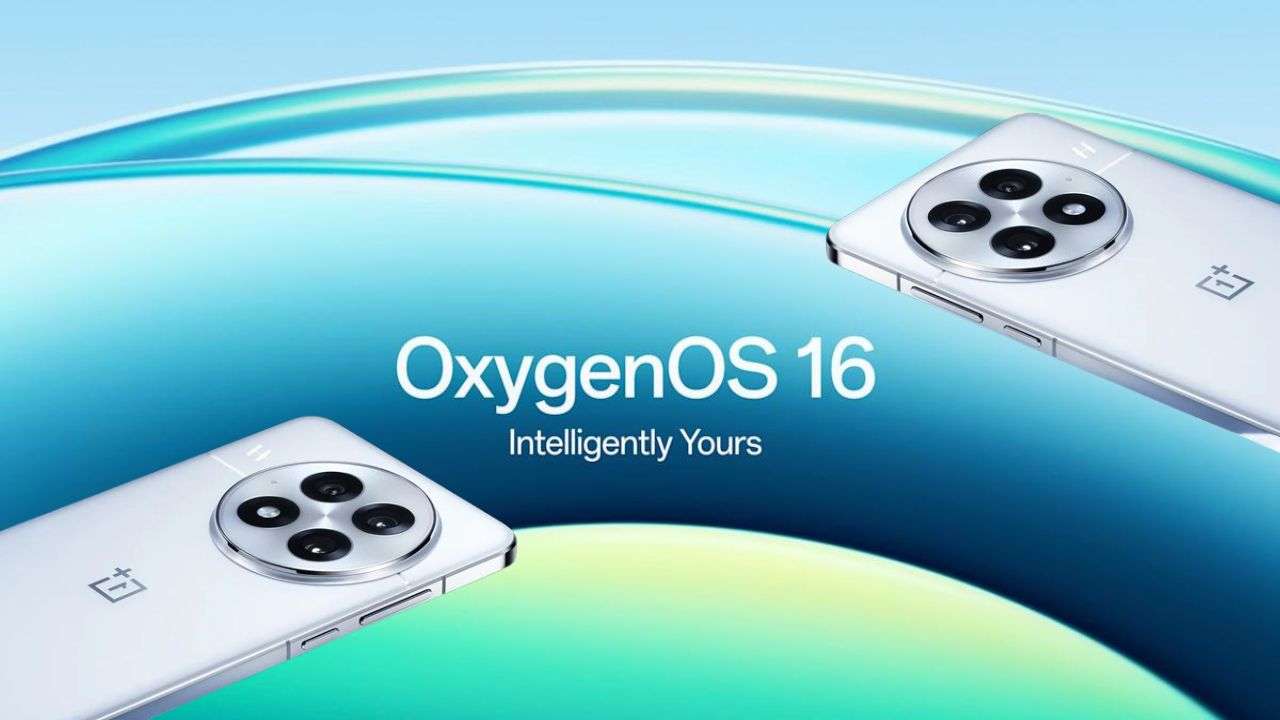 Promotional banner for OxygenOS 16 on OnePlus smartphones, showing two white devices with circular camera modules against a blue gradient background, featuring the tagline "Intelligently Yours"
