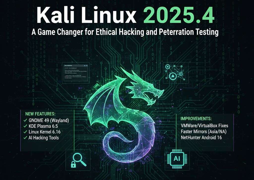 Kali Linux 2025.4 dashboard showing GNOME 49, new hacking tools like evil-winrm-py, and kernel 6.16, symbolizing the operating system's upgrade for ethical hacking.