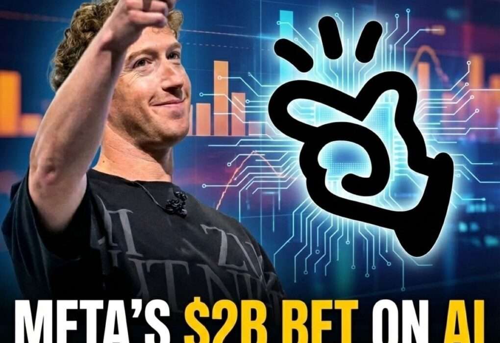 A tech news thumbnail featuring Mark Zuckerberg pointing forward on the left and a stylized black hand icon with digital circuit lines on the right. Large text at the bottom reads "META'S $2B BET ON AI" followed by "INSIDE THE MANUS ACQUISITION THAT COULD RESHAPE THE AI LANDSCAPE" on a blue, high-tech background.