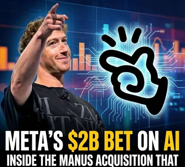 A tech news thumbnail featuring Mark Zuckerberg pointing forward on the left and a stylized black hand icon with digital circuit lines on the right. Large text at the bottom reads "META'S $2B BET ON AI" followed by "INSIDE THE MANUS ACQUISITION THAT COULD RESHAPE THE AI LANDSCAPE" on a blue, high-tech background.