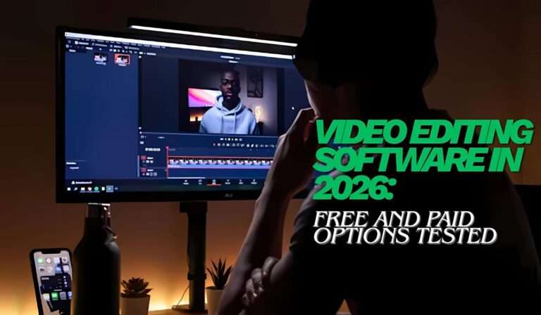 video editing software in 2026 free and paid overlay with software editor in dark background