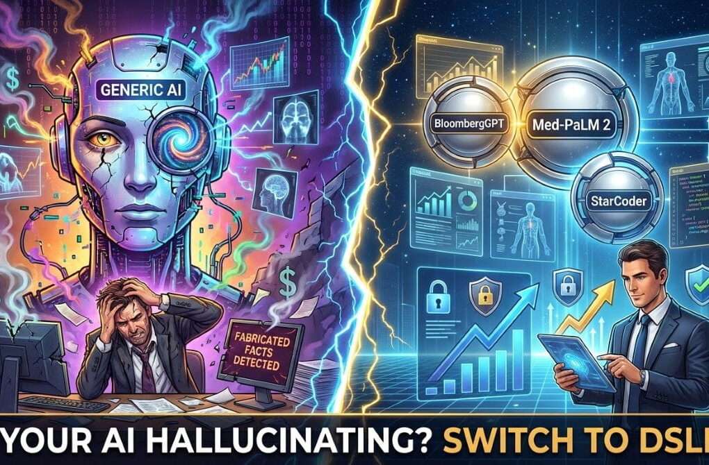 A split-screen illustration comparing the chaotic failure of "Generic AI" on the left with the organized success of domain-specific language models ("BloombergGPT," "Med-PaLM 2," "StarCoder") on the right. The left shows a stressed professional and a robot with "Fabricated Facts Detected." The right shows a successful professional and secure data. The text at the bottom reads, "IS YOUR AI HALLUCINATING? SWITCH TO DSLMs.