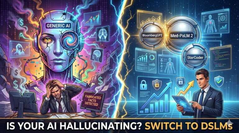 A split-screen illustration comparing the chaotic failure of "Generic AI" on the left with the organized success of domain-specific language models ("BloombergGPT," "Med-PaLM 2," "StarCoder") on the right. The left shows a stressed professional and a robot with "Fabricated Facts Detected." The right shows a successful professional and secure data. The text at the bottom reads, "IS YOUR AI HALLUCINATING? SWITCH TO DSLMs.