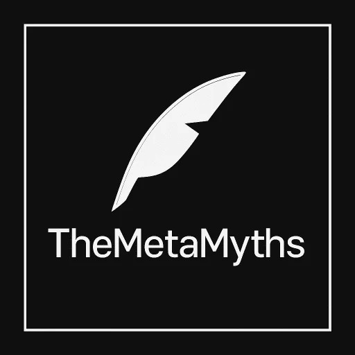 A minimalist black-and-white logo for "TheMetaMyths" featuring a stylized white quill feather centered above the brand name in clean, modern font. The entire design is enclosed within a slim white square border on a black background, conveying a sense of elegance and trust
